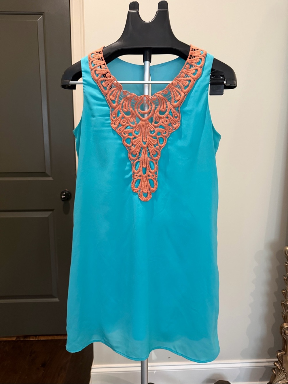 Turquoise Coral Crochet Lace Sleeveless Mini Dress Size S